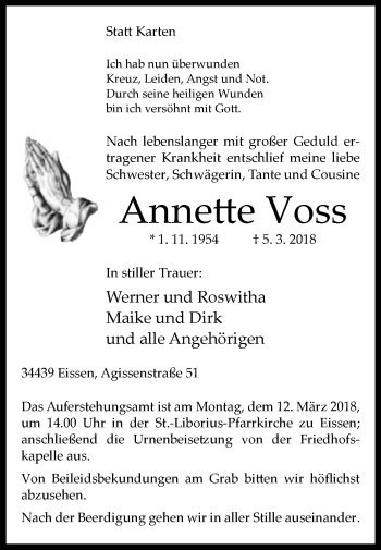 Traueranzeige von Annette Voss von Westfalen-Blatt