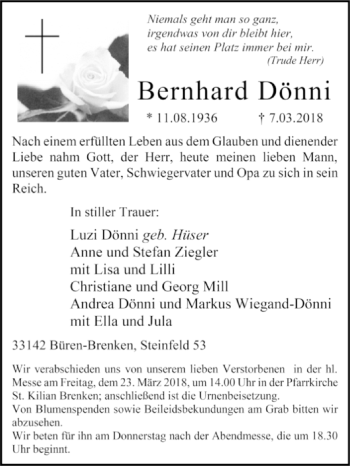 Traueranzeige von Bernhard Dönni von Westfalen-Blatt