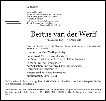 Traueranzeige von Bertus van der Werff von Westfalen-Blatt