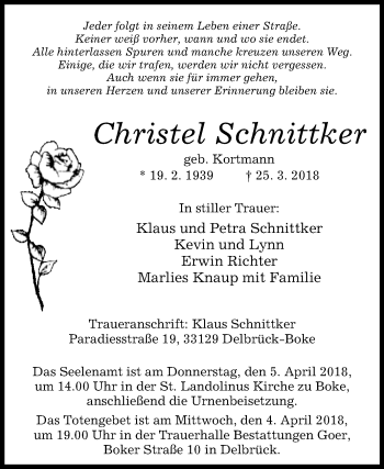 Traueranzeige von Christel Schnittker von Westfalen-Blatt