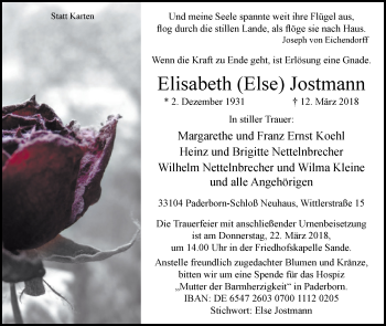 Traueranzeige von Elisabeth  Jostmann von Westfalen-Blatt