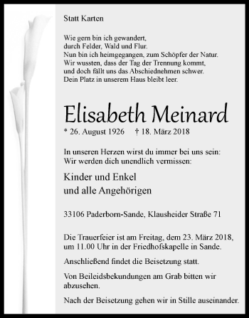 Traueranzeige von Elisabeth Meinard von Westfalen-Blatt