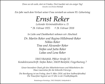 Traueranzeige von Ernst Reker von Westfalen-Blatt