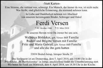 Traueranzeige von Ferdi Versen von Westfalen-Blatt