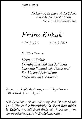 Traueranzeige von Franz Kukuk von Westfalen-Blatt