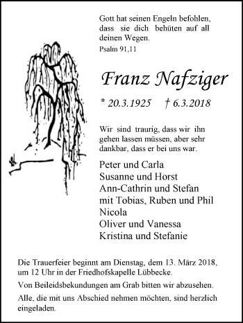 Traueranzeige von Franz Nafziger von Westfalen-Blatt