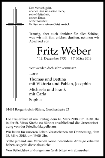 Traueranzeige von Fritz Weber von Westfalen-Blatt