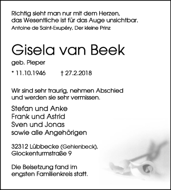 Traueranzeige von Gisela van Beek von Westfalen-Blatt