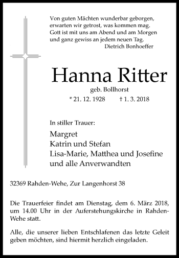 Traueranzeige von Hanna Ritter von Westfalen-Blatt