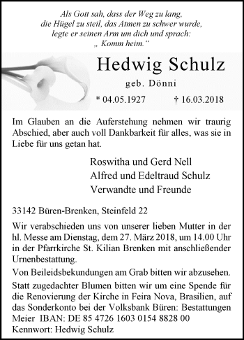 Traueranzeige von Hedwig Schulz von Westfalen-Blatt