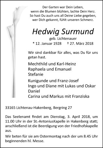 Traueranzeige von Hedwig Surmund von Westfalen-Blatt