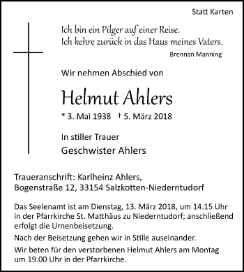 Traueranzeige von Helmut Ahlers von Westfalen-Blatt