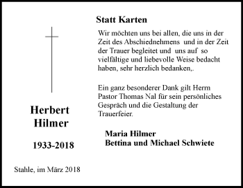 Traueranzeige von Herbert Hilmer von Westfalen-Blatt