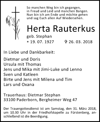 Traueranzeige von Herta Rauterkus von Westfalen-Blatt