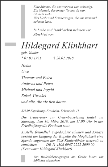 Traueranzeige von Hildegard Klinkhart von Westfalen-Blatt