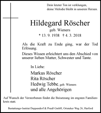 Traueranzeige von Hildegard Röscher von Westfalen-Blatt