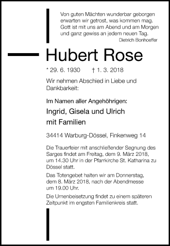 Traueranzeige von Hubert Rose von Westfalen-Blatt