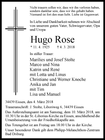 Traueranzeige von Hugo Rose von Westfalen-Blatt