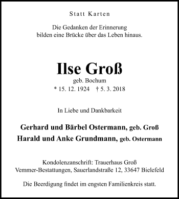 Traueranzeige von Ilse Groß von Westfalen-Blatt