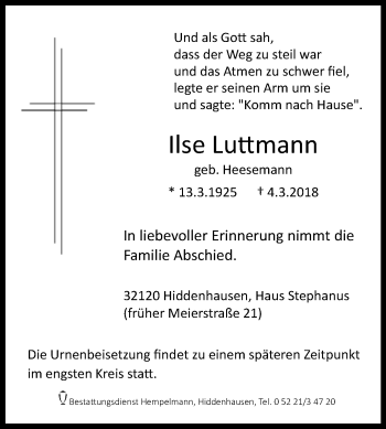 Traueranzeige von Ilse Luttmann von Westfalen-Blatt