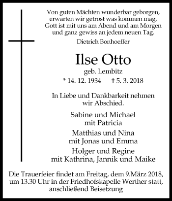 Traueranzeige von Ilse Otto von Westfalen-Blatt