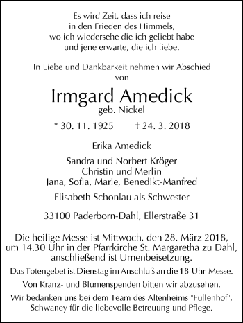 Traueranzeige von Irmgard Amedick von Westfalen-Blatt