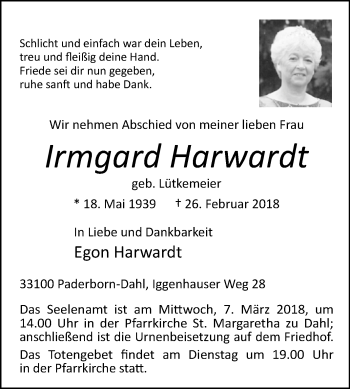 Traueranzeige von Irmgard Harwardt von Westfalen-Blatt