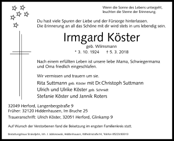 Traueranzeige von Irmgard Köster von Westfalen-Blatt