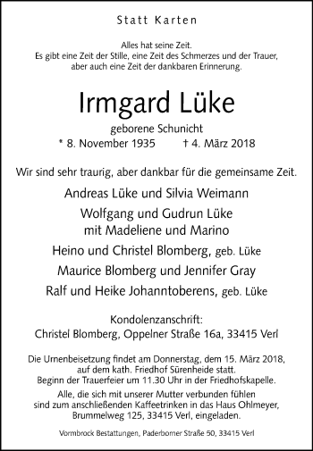 Traueranzeige von Irmgard Lüke von Westfalen-Blatt