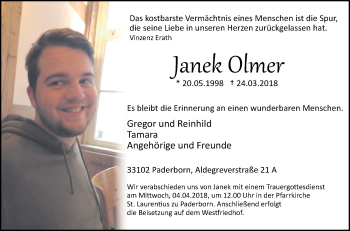 Traueranzeige von Janek Olmer von Westfalen-Blatt