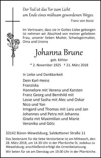 Traueranzeige von Johanna Brune von Westfalen-Blatt