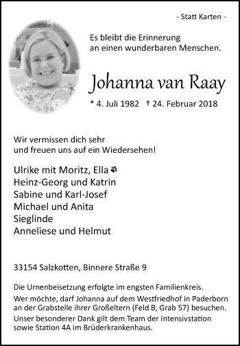 Traueranzeige von Johanna van Raay von Westfalen-Blatt