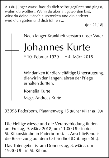 Traueranzeige von Johannes Kurte von Westfalen-Blatt