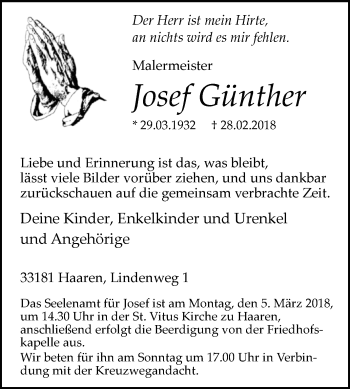 Traueranzeige von Josef Günther von Westfalen-Blatt