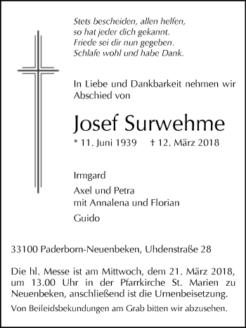 Traueranzeige von Josef Surwehme von Westfalen-Blatt