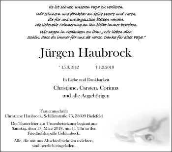 Traueranzeige von Jürgen Haubrock von Westfalen-Blatt