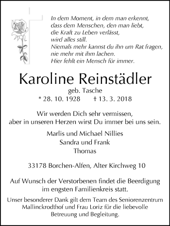 Traueranzeige von Karoline Reinstädler von Westfalen-Blatt