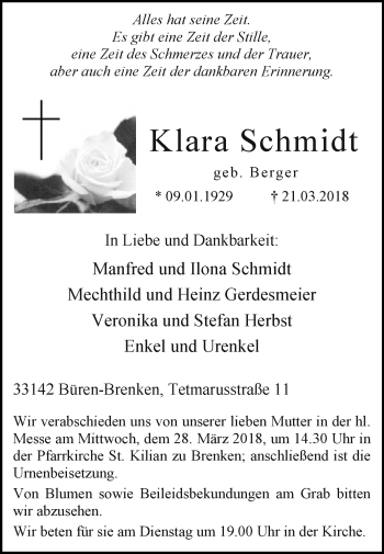 Traueranzeige von Klara Schmidt von Westfalen-Blatt