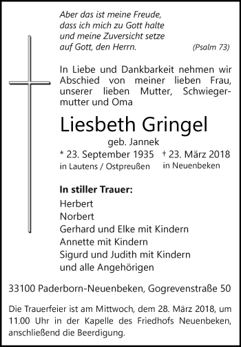 Traueranzeige von Liesbeth Gringel von Westfalen-Blatt