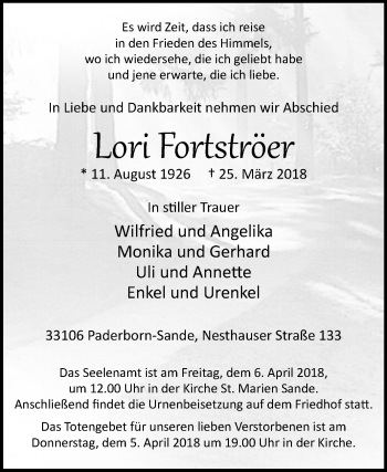 Traueranzeige von Lori Fortströer von Westfalen-Blatt