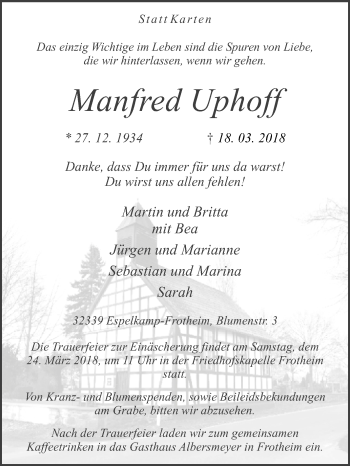 Traueranzeige von Manfred Uphoff von Westfalen-Blatt