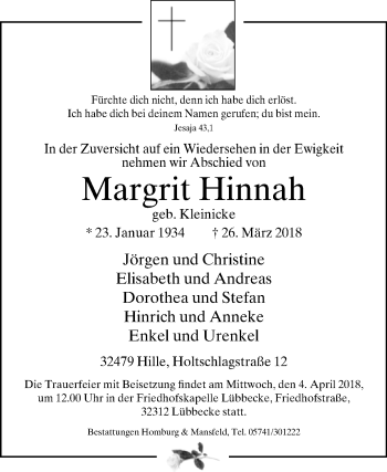 Traueranzeige von Margrit Hinnah von Westfalen-Blatt