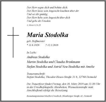 Traueranzeige von Maria Stodolka von Westfalen-Blatt