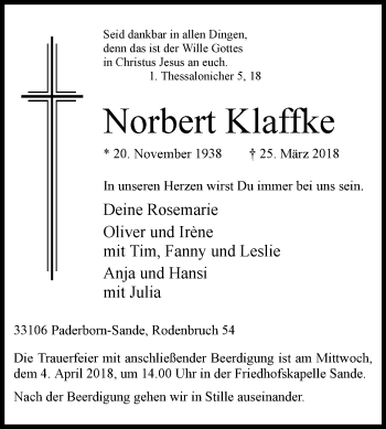 Traueranzeige von Norbert Klaffke von Westfalen-Blatt