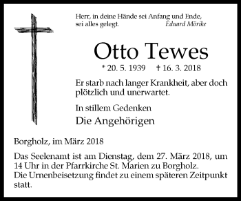 Traueranzeige von Otto Tewes von Westfalen-Blatt