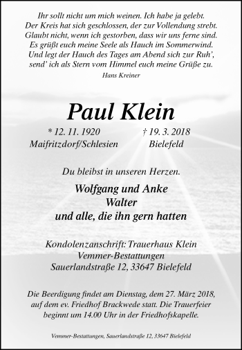 Traueranzeige von Paul Klein von Westfalen-Blatt