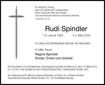 Traueranzeige von Rudi Spindler von Westfalen-Blatt