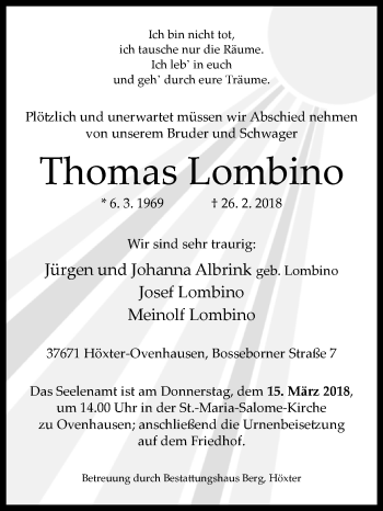 Traueranzeige von Thomas Lombino von Westfalen-Blatt