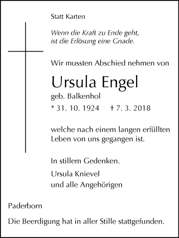 Traueranzeige von Ursula Engel von Westfalen-Blatt