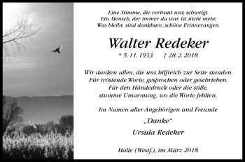 Traueranzeige von Walter Redeker von Westfalen-Blatt